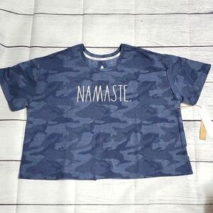 Rae Dunn "Namaste" Yoga Short-Sleeve Camo Mesh Crop Top